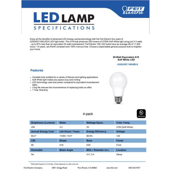 Feit LED A19 E26 (Medium) LED Bulb Soft White 25 Watt Equivalence 4 pk For Cheap