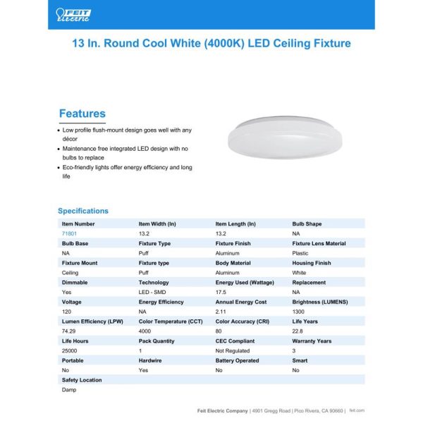 Feit LED 2.4 in. H X 13.2 in. W X 13.2 in. L Aluminum White LED Ceiling Light Fixture For Discount