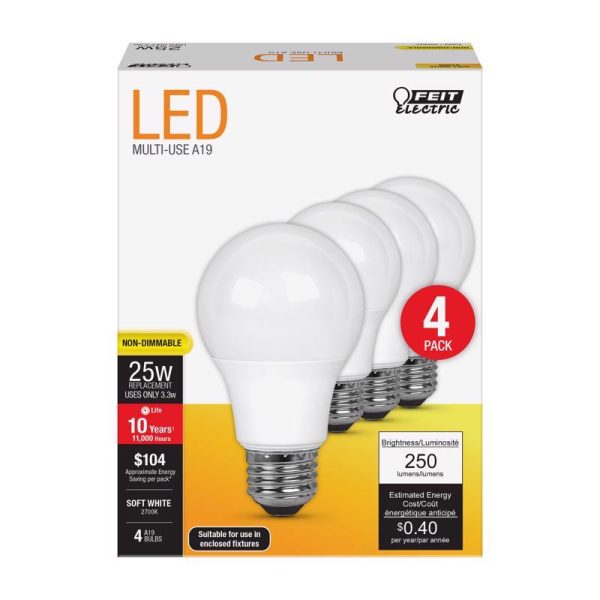 Feit LED A19 E26 (Medium) LED Bulb Soft White 25 Watt Equivalence 4 pk For Cheap