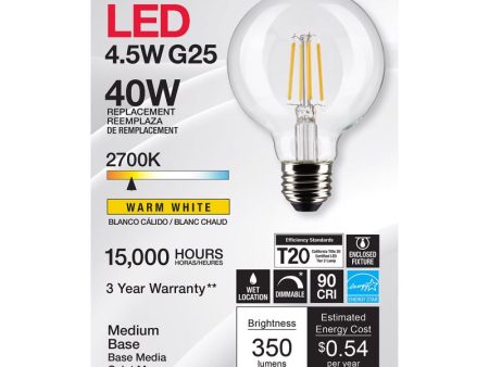 Satco G25 E26 (Medium) Filament LED Bulb Warm White 40 Watt Equivalence 1 pk Discount