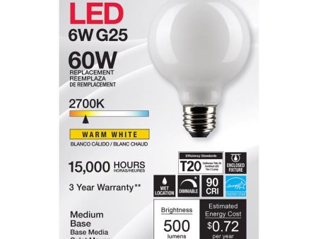 Satco G25 E26 (Medium) Filament LED Bulb Warm White 60 Watt Equivalence 1 pk For Discount